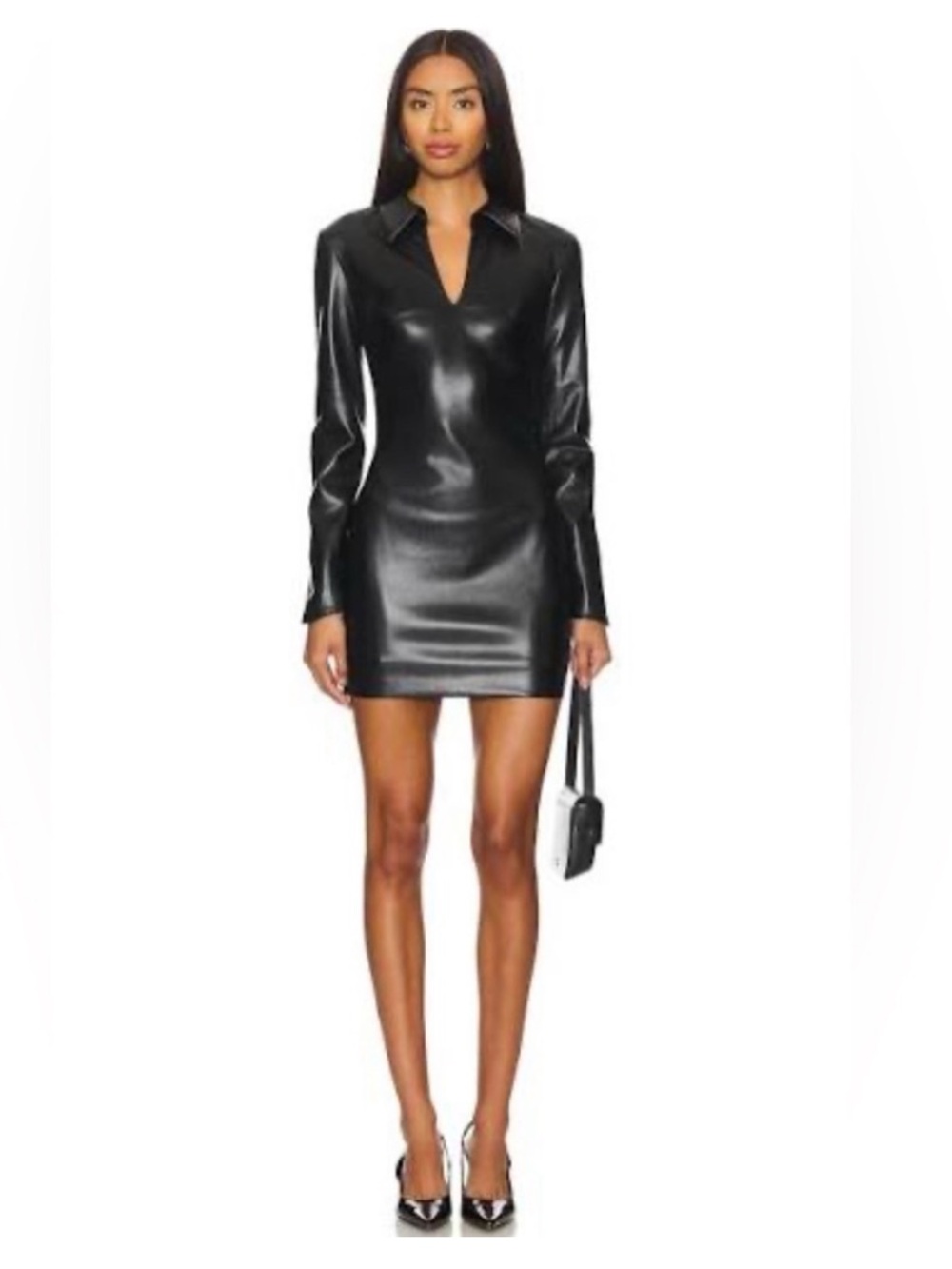 Amanda Uprichard Sloane Long Sleeve Faux Leather Minidress in Black size medium